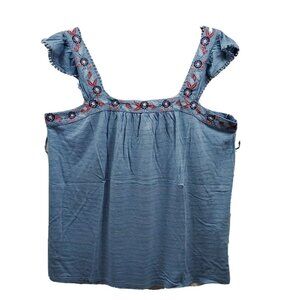 Style & Co Plus Size Pointelle Linear Jacquard Embroidered-Strap Top Blue 2X